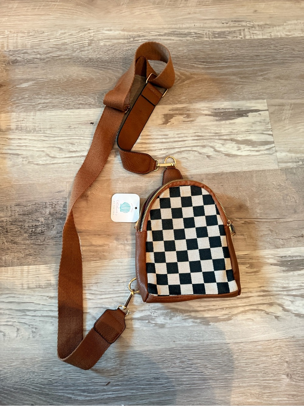 Brown Checker Canvas Crossbody Sling Bag